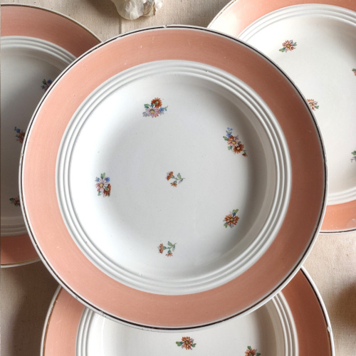 Assiettes creuses roses à motifs fleuris demi porcelaine Ardy